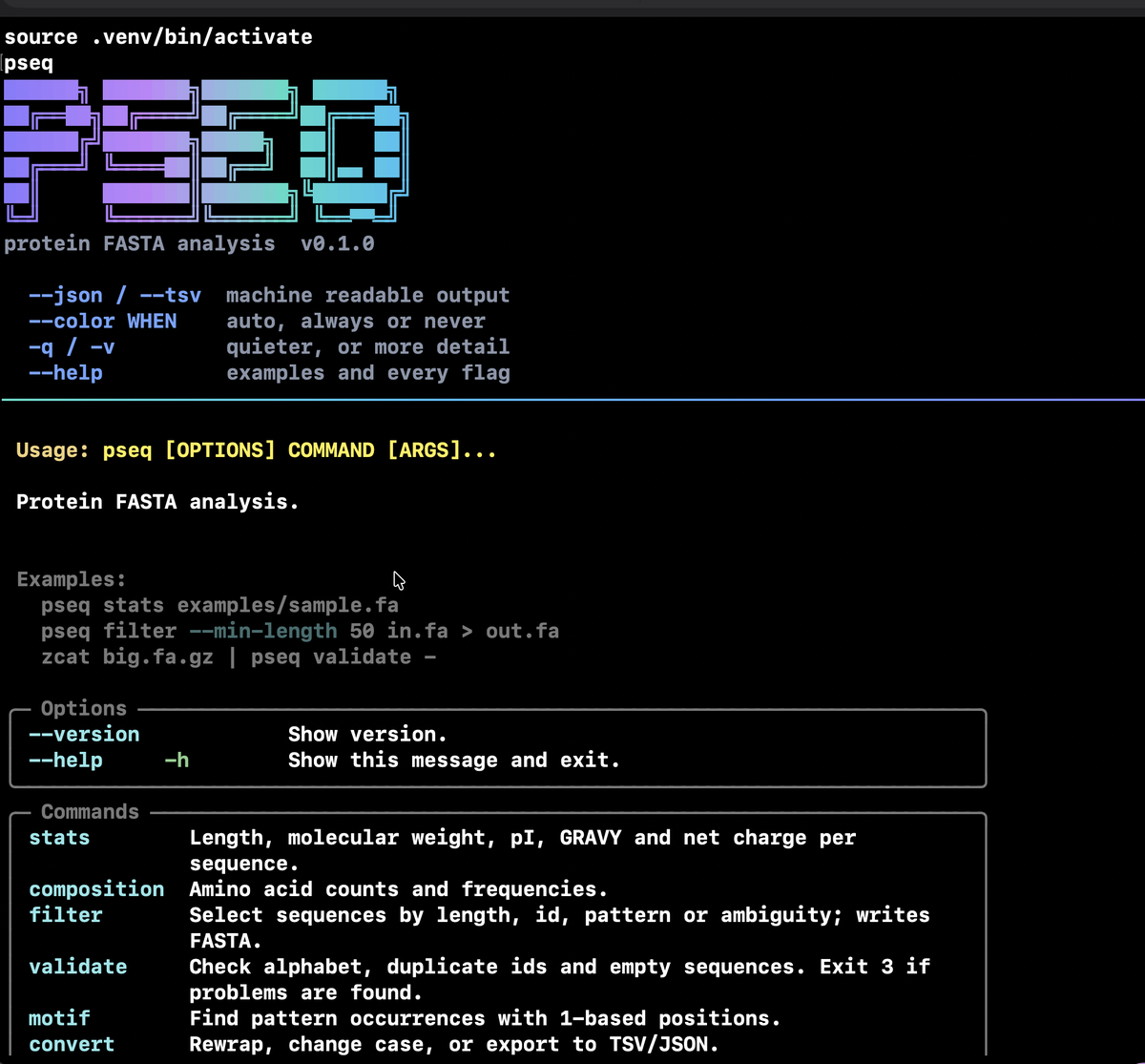 Terminal showing the pseq banner in block letters over a teal to violet gradient, with the command help below